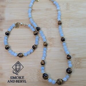 Custom Aquamarine & Tiger's Eye With Gold Accents - Necklace & Bracelet Set D073